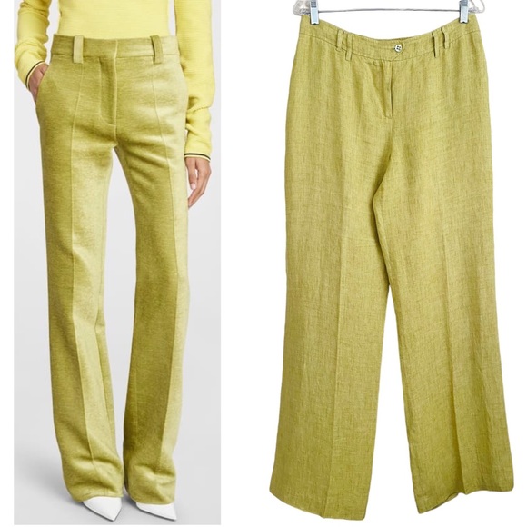 Irene Van Ryb Pea Green 100% Linen Classic Effortless Straight Leg Pants Size 42 - Picture 1 of 9